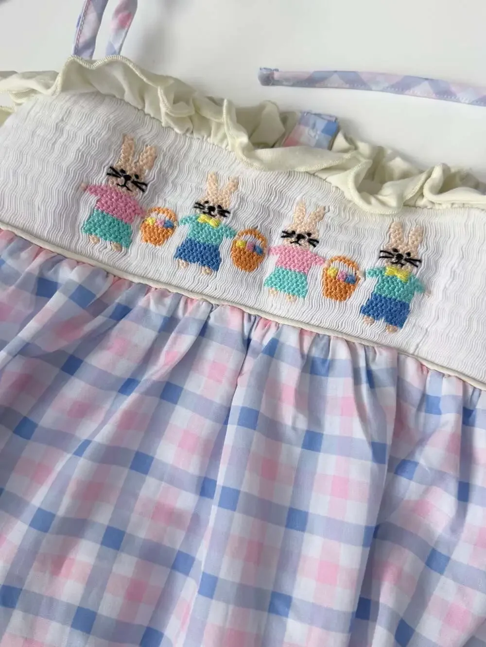 Little Bear Smocks Girls Easter Bunny Smocked Gingham Bubble 3T